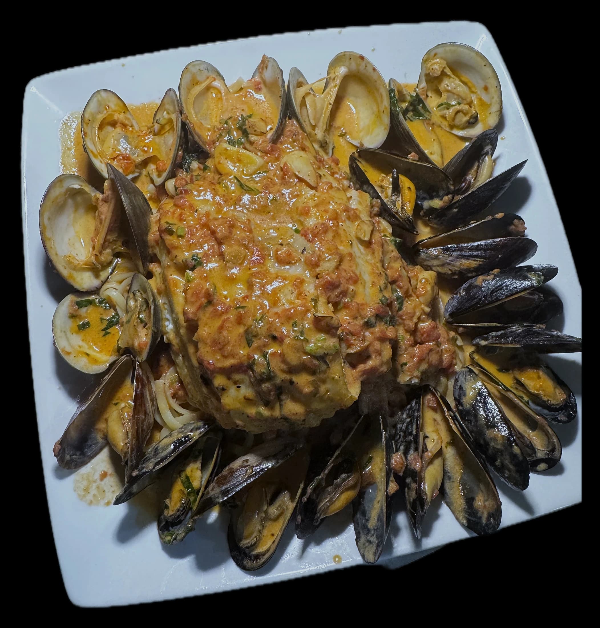 Marechiara — fish fillet in seafood sauce ringed with clams and mussels over linguine